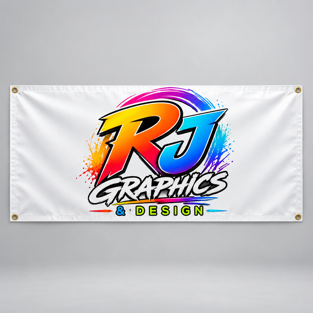 RJ Graphics branded 6 by 2 foot HDPE banner mockup