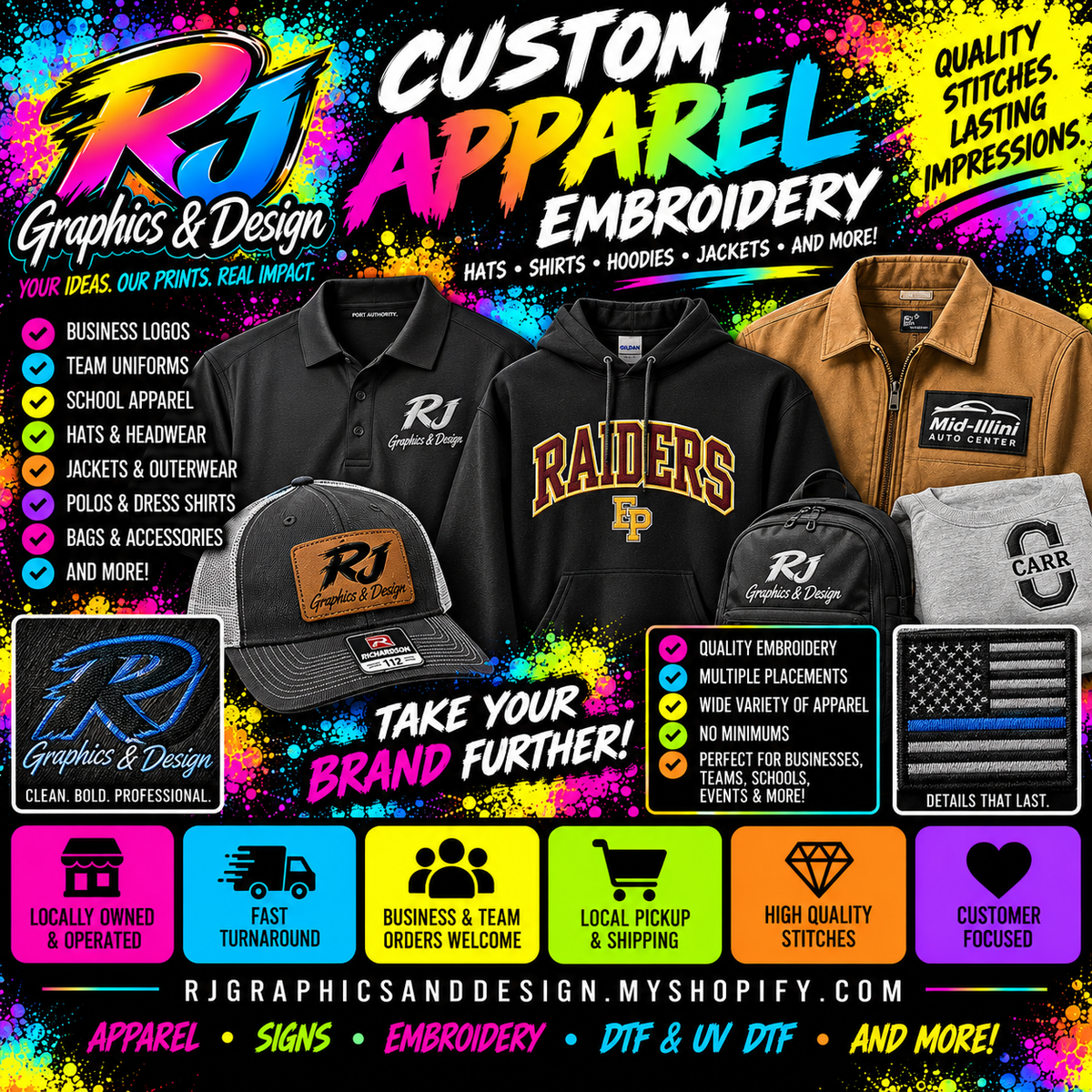 RJ Graphics and Design custom apparel embroidery for polos hoodies jackets hats and business apparel