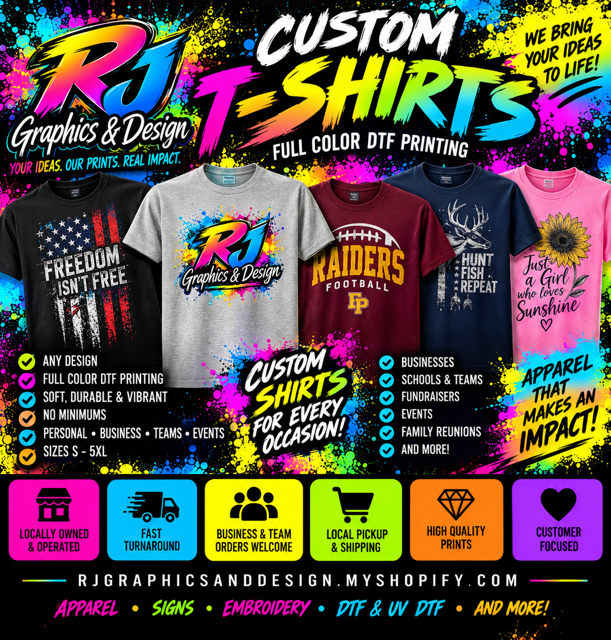 RJ Graphics and Design custom T-shirts full color DTF printing