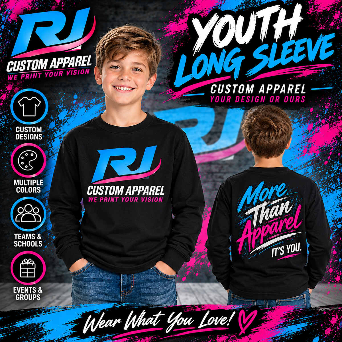 RJ Graphics and Design Youth Custom Long Sleeve Shirt mockup