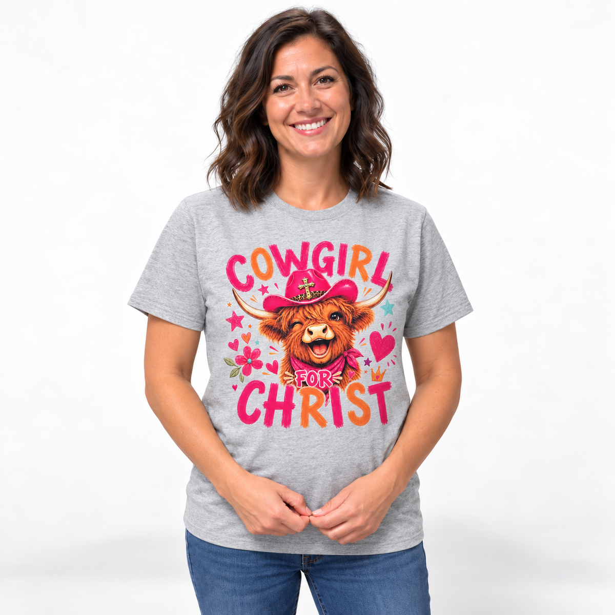 Model wearing Cowgirl for Christ Highland cow shirt
