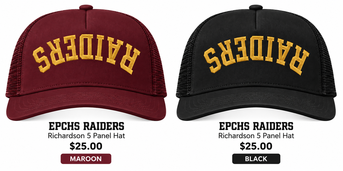 EPCHS Raiders Richardson 5-panel hats in maroon and black with gold embroidery
