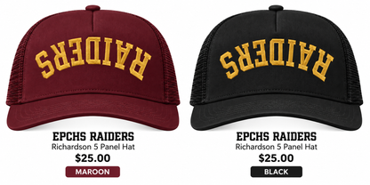 EPCHS Raiders Richardson 5-panel hats in maroon and black with gold embroidery