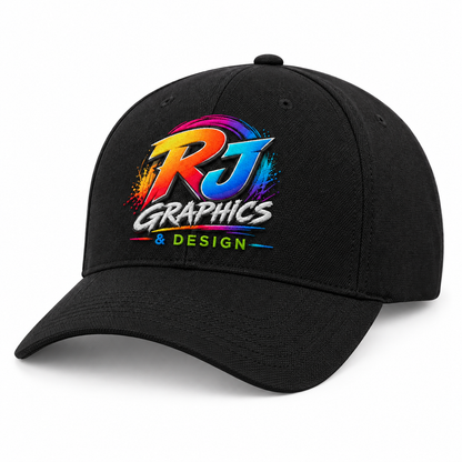 RJ Graphics embroidered Flexfit 6597 hat — Front Center placement