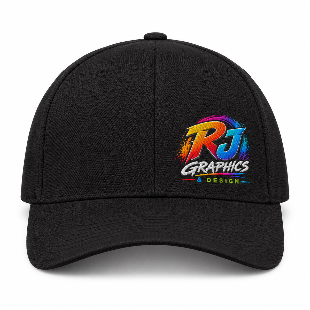 RJ Graphics embroidered Flexfit 6597 hat — Front Left placement