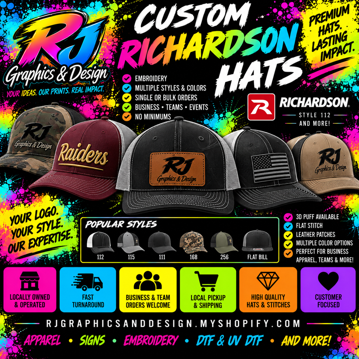 RJ Graphics and Design custom Richardson hats with embroidery, 3D puff and leather patch options