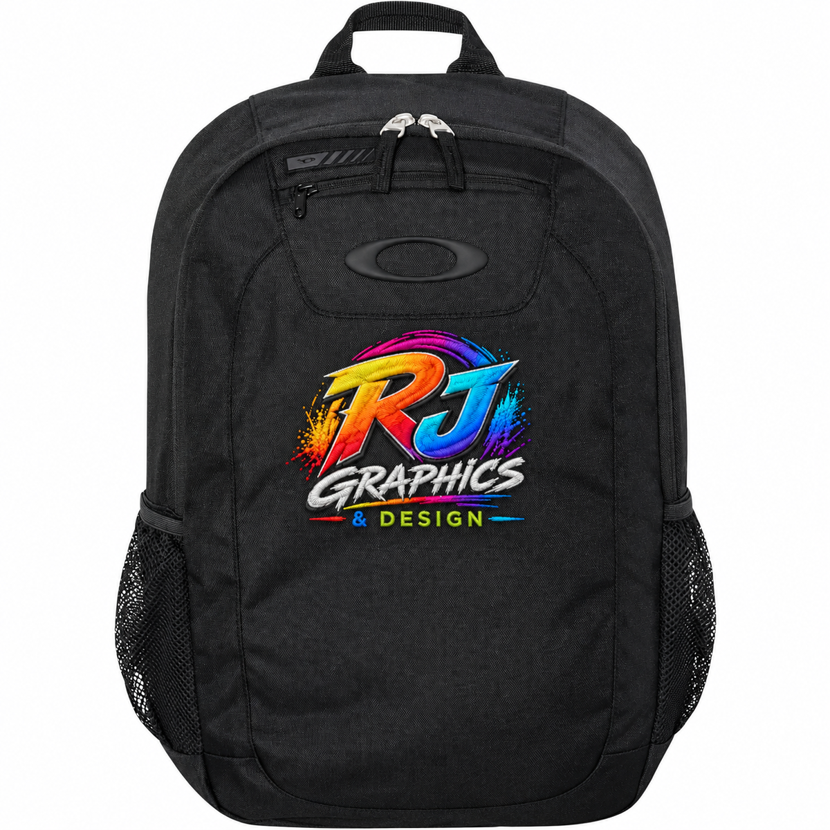 Black Oakley 20L Enduro backpack with RJ Graphics and Design logo embroidered on the front
