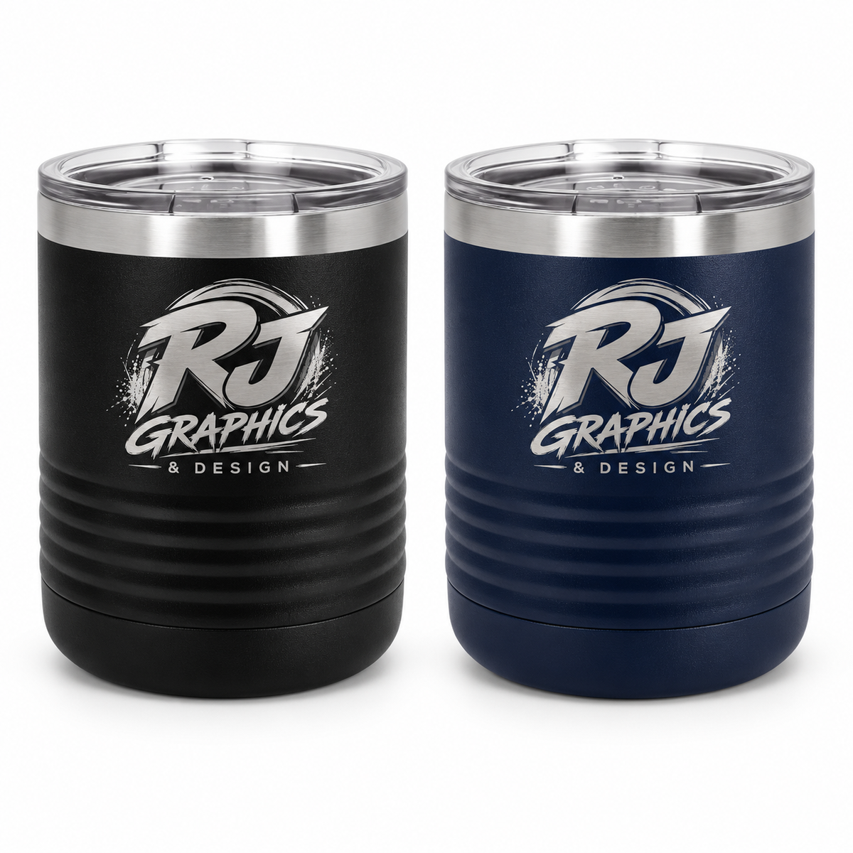 RJ Graphics and Design laser engraved on black and navy 10 oz insulated tumblers with clear lids