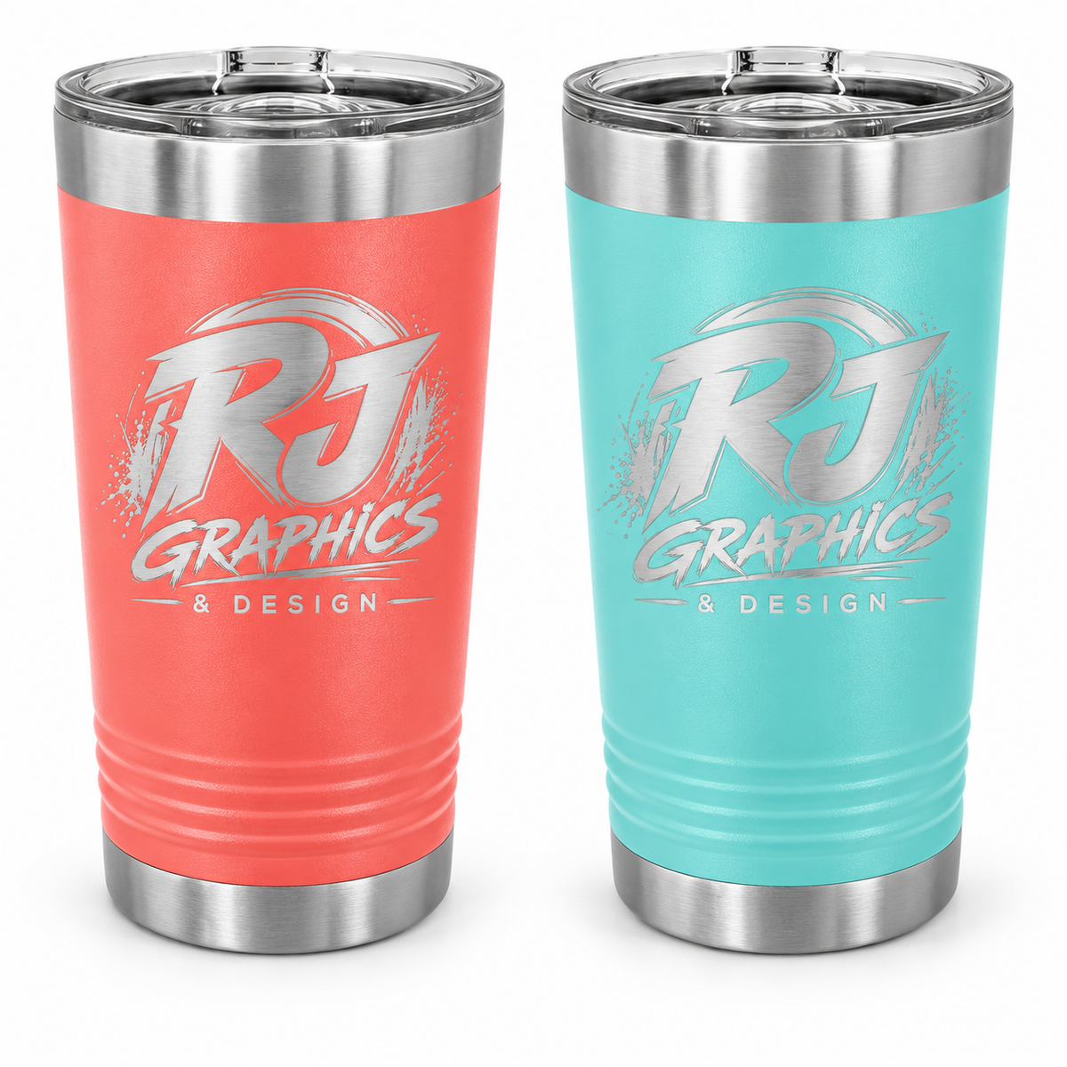 RJ Graphics and Design laser engraved on coral and teal 16 oz pint tumblers with slider lids