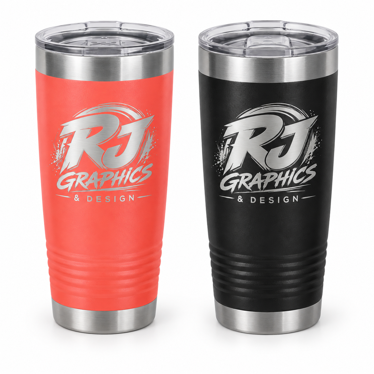 RJ Graphics and Design laser engraved on coral and black 20 oz ring neck tumblers with clear lids