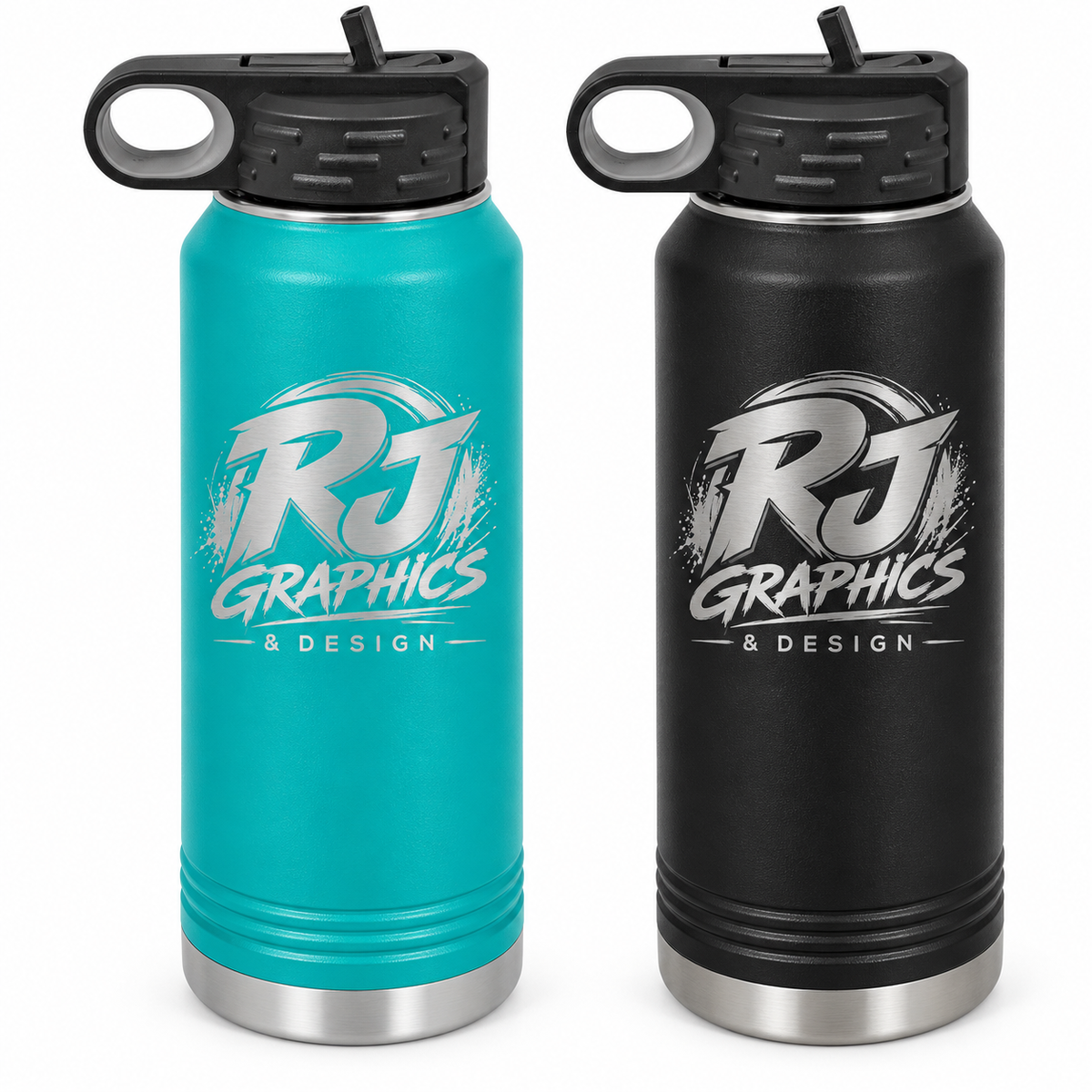 RJ Graphics laser engraved 32 oz water bottles in teal and black