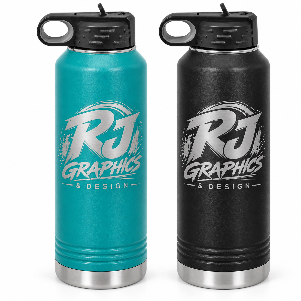 RJ Graphics laser engraved 40 oz water bottles in teal and black
